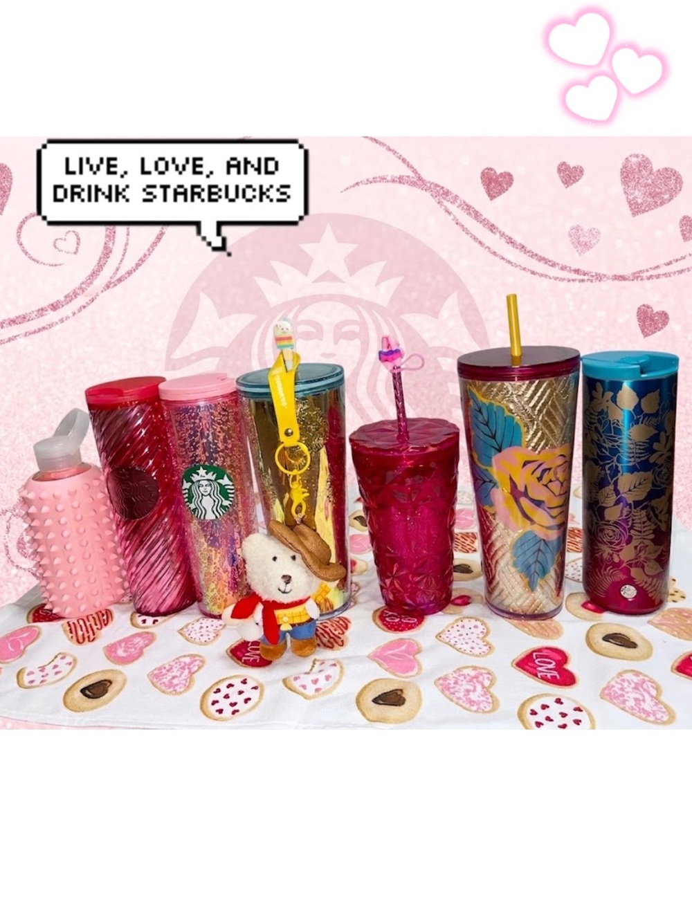 Starbucks cup collection with Toy Story Woody Bearista keychain